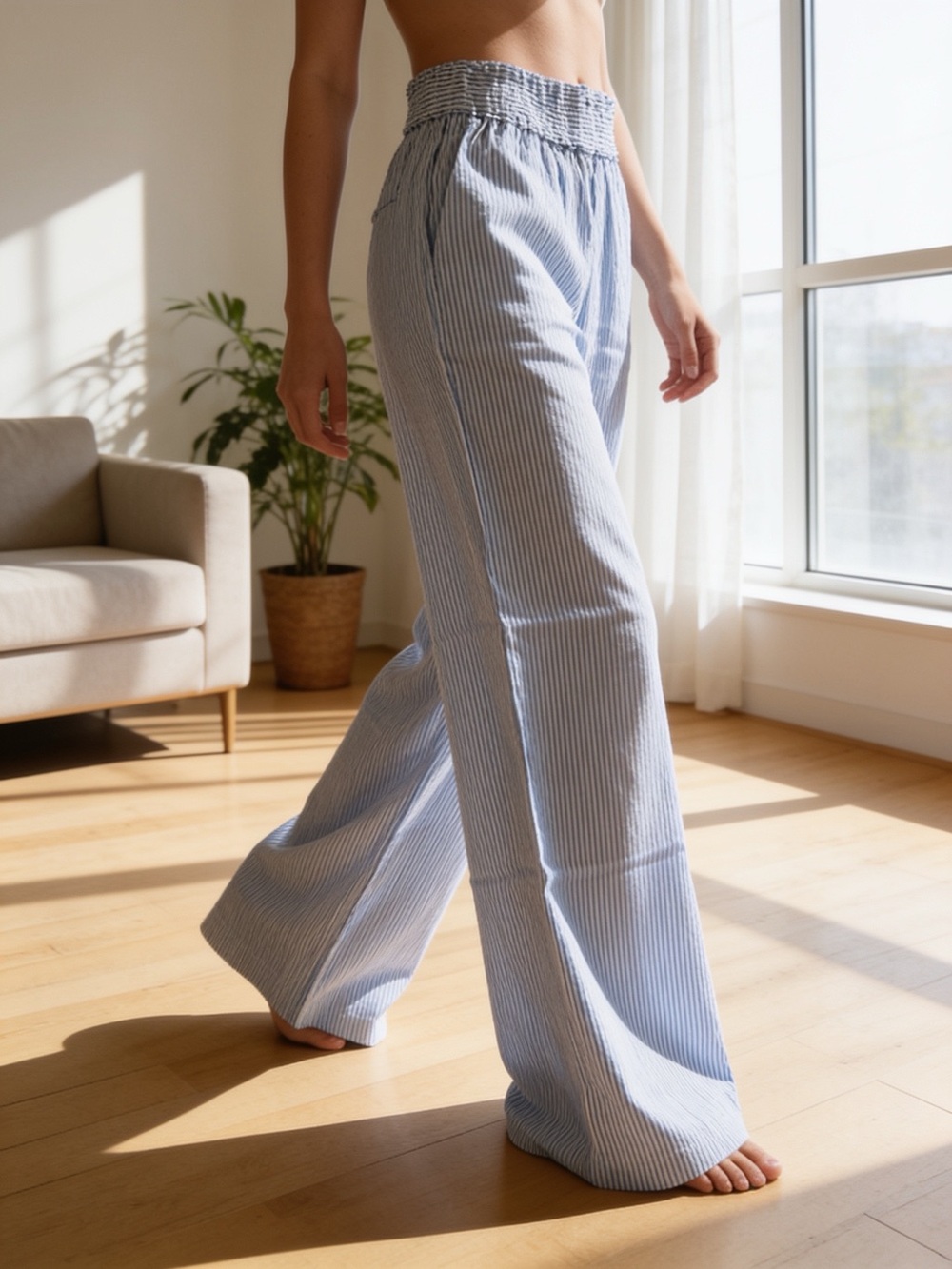 Chelsea & Theodore Blue and White Pinstripe Wide-Leg Pants - Picture 3 of 8